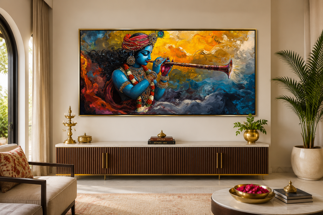 Colorful Krishna playing flute framed horizontal canvas wall art above a wooden console table.