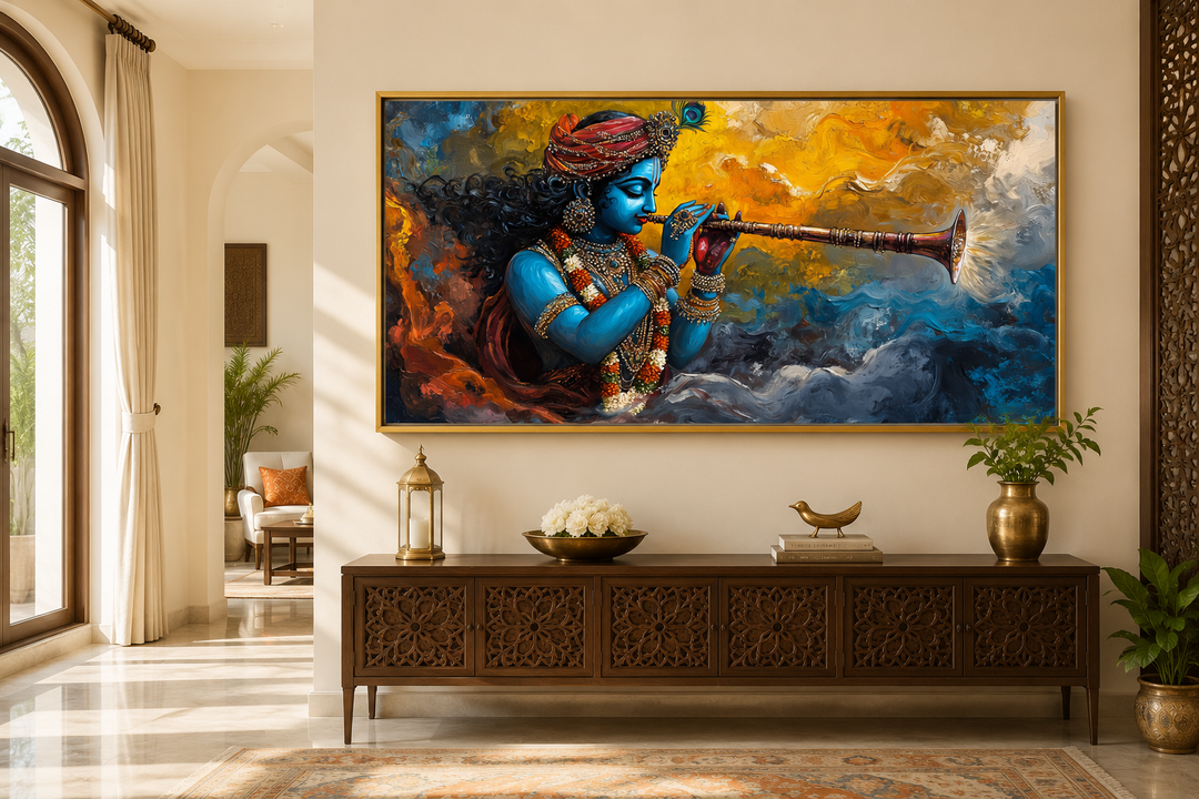 Colorful Krishna playing flute framed horizontal canvas wall art above a wooden sideboard.