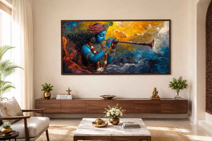 Colorful Krishna playing flute framed horizontal canvas wall art above a wooden console table.