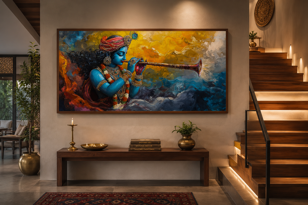 Colorful Krishna playing flute framed horizontal canvas wall art in a modern living room setting.