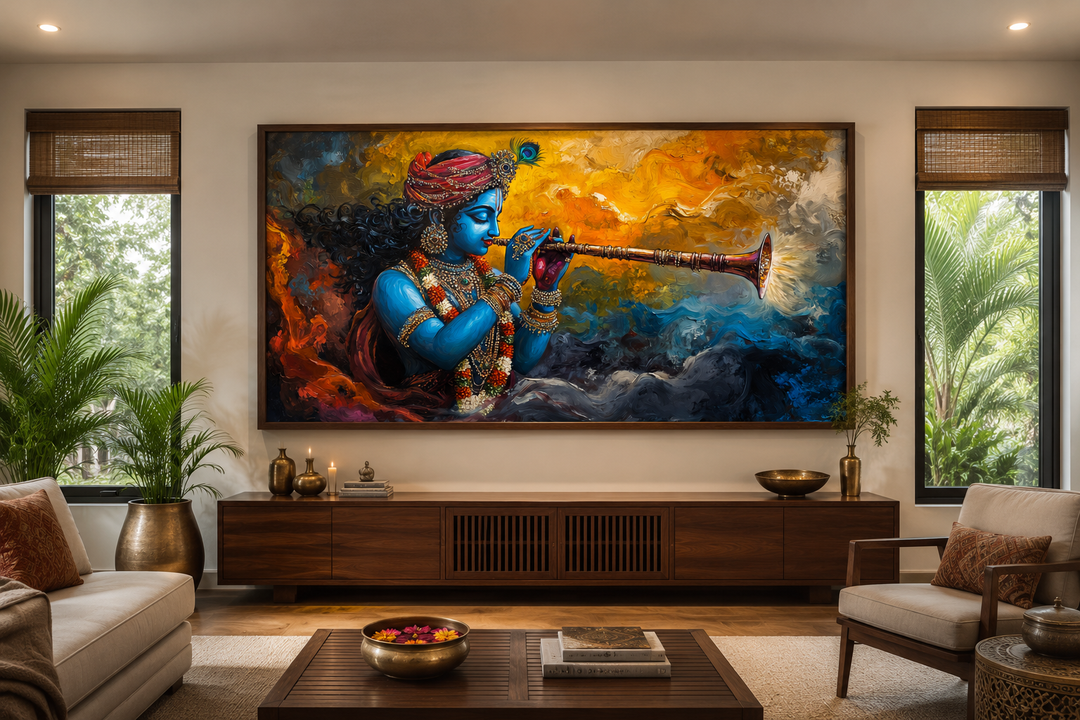 Colorful Krishna playing flute framed horizontal canvas wall art above a wooden console table.