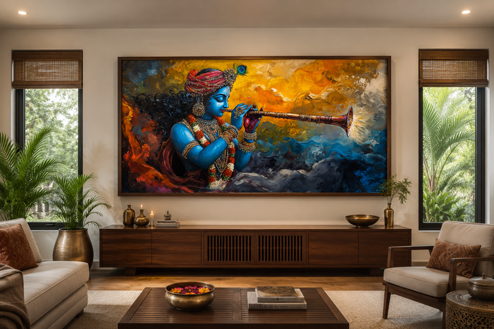 Colorful Krishna playing flute framed horizontal canvas wall art above a wooden console table.