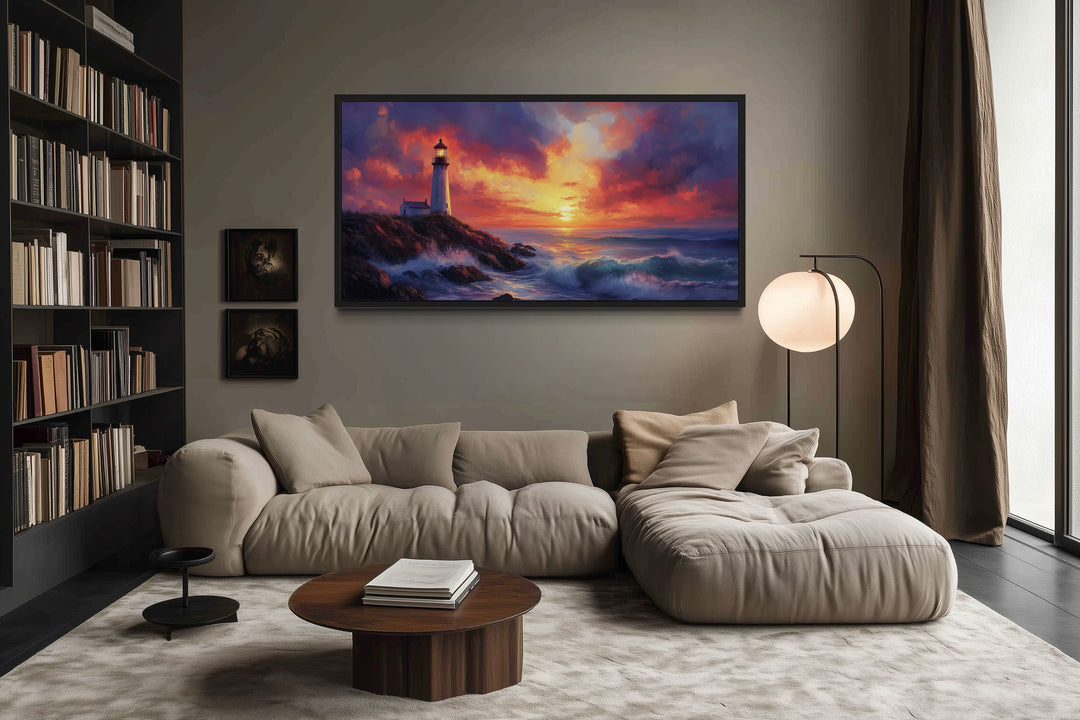 Colorful Lighthouse At Sunset Framed Nautical Wall Decor