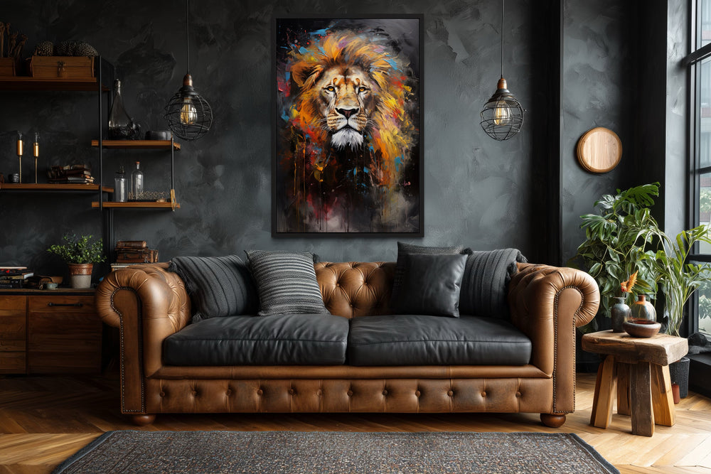 Colorful Lion Abstract Painting Framed Canvas Wall Art