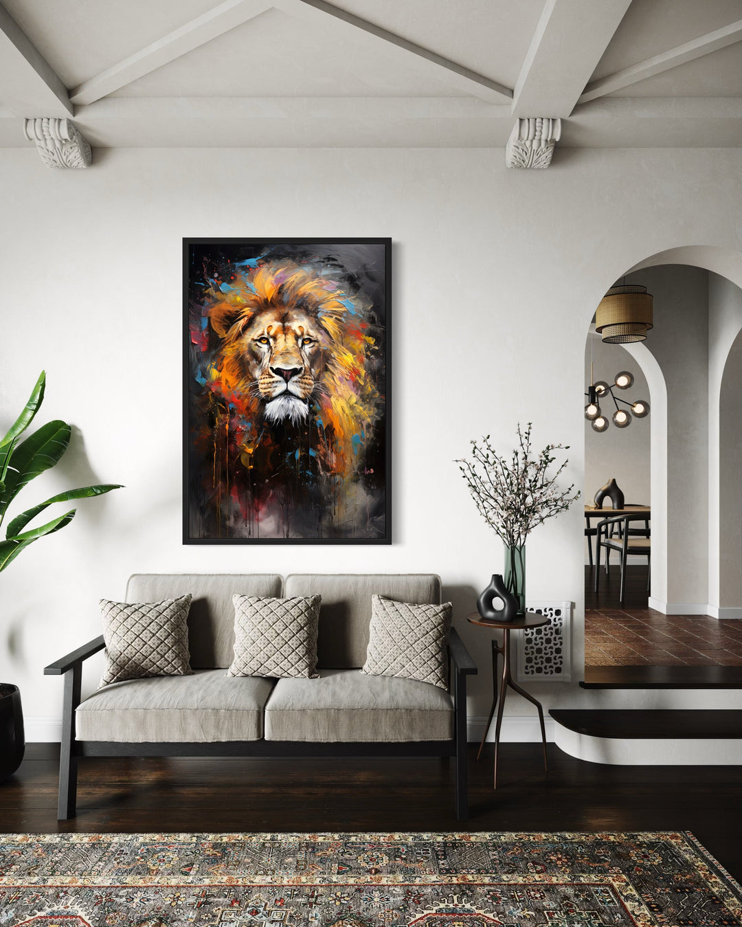 Wall Art For Men - Colorful Lion Abstract Painting Framed Canvas Wall Art