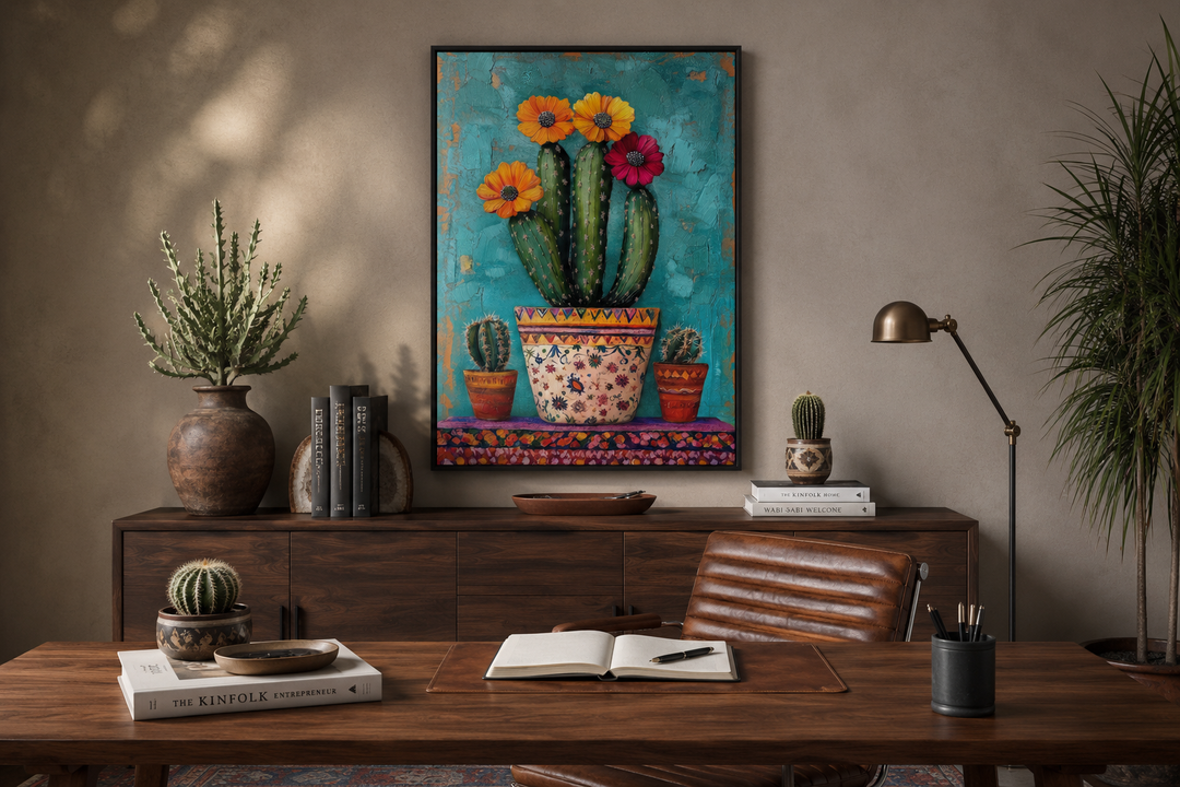 Colorful Mexican blooming cactus framed canvas wall art above a wooden desk in a home office.