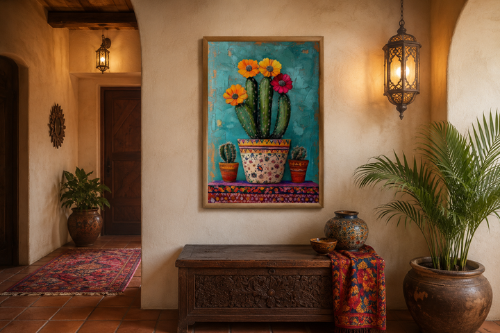 Colorful Mexican blooming cactus framed canvas wall art in a rustic Southwestern entryway.