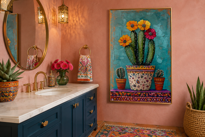 Colorful Mexican blooming cactus framed canvas wall art in a vibrant Southwestern bathroom.