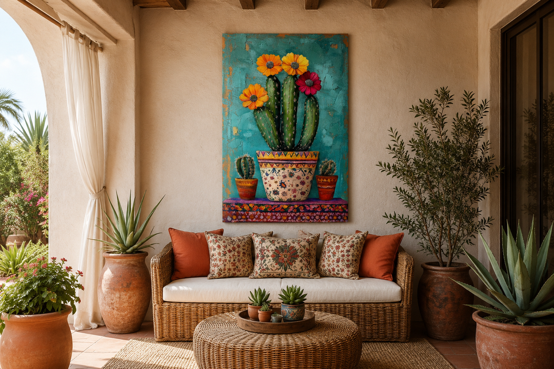 Colorful Mexican blooming cactus framed canvas wall art hanging above a wicker sofa on a patio.