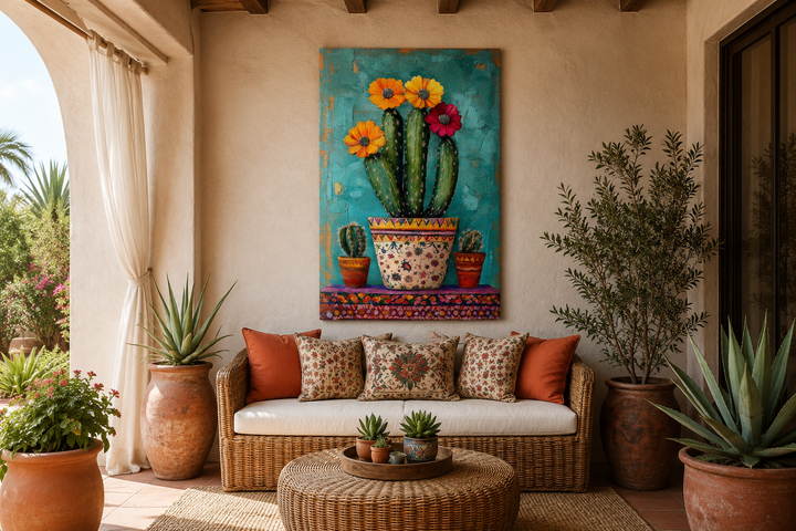 Colorful Mexican blooming cactus framed canvas wall art hanging above a wicker sofa on a patio.