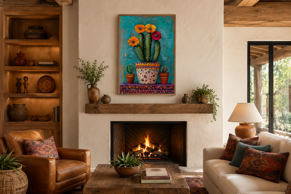 Colorful Mexican blooming cactus framed canvas wall art hanging above a rustic wooden fireplace.
