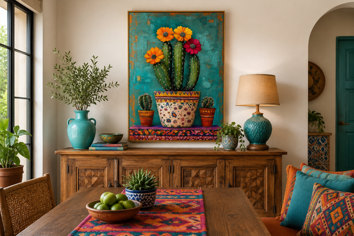 Colorful Mexican blooming cactus framed canvas wall art above a wooden sideboard in a dining room.