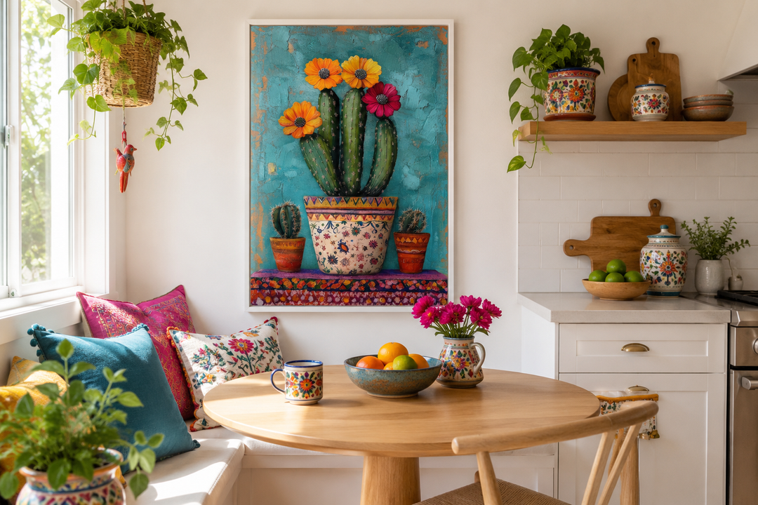 Framed canvas wall art of a blooming cactus in a colorful Mexican pot against a blue background.
