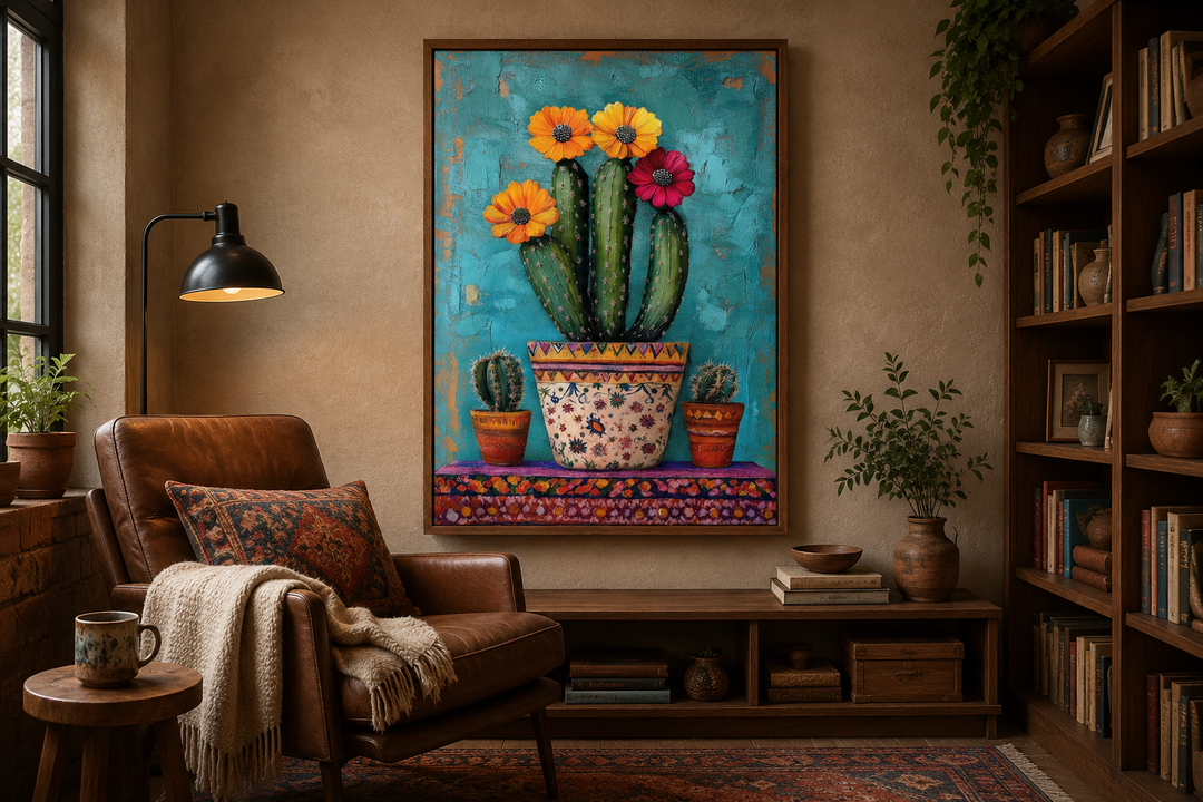 Framed canvas wall art of a blooming cactus in a patterned pot against a textured blue background.