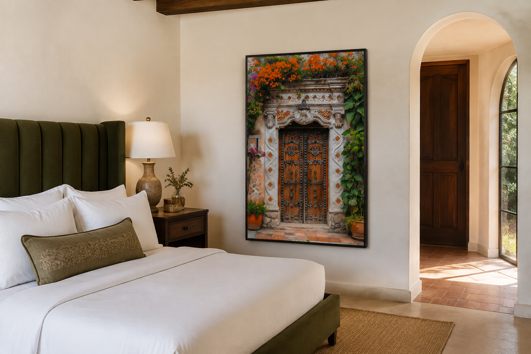 Colorful Mexican door painting framed canvas wall art in a rustic bedroom setting.