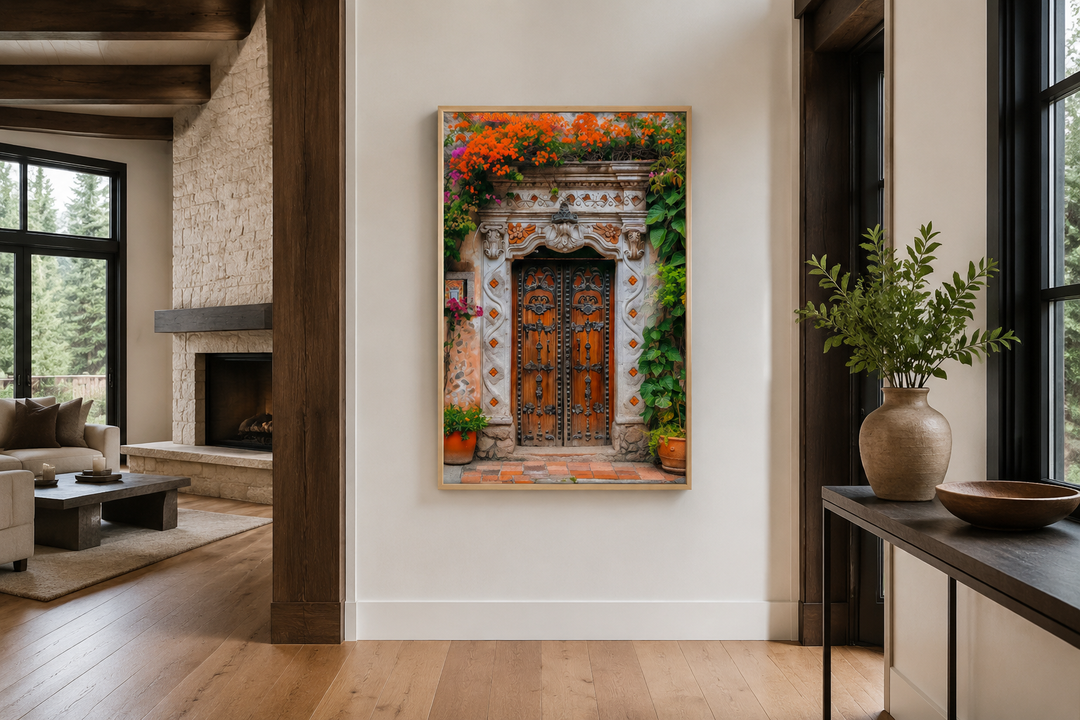 Colorful Mexican door painting framed canvas wall art in a modern living room setting.