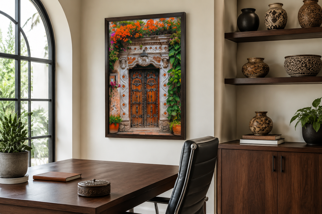 Framed canvas wall art of a rustic Mexican door with orange flowers in a modern office setting.