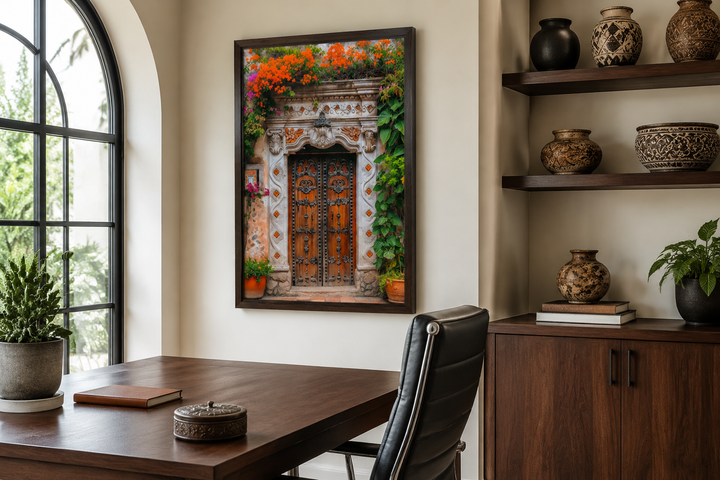 Framed canvas wall art of a rustic Mexican door with orange flowers in a modern office setting.
