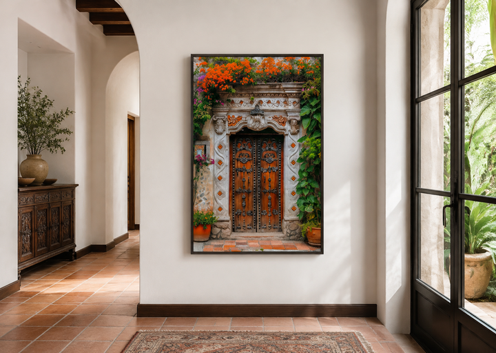 Colorful Mexican door painting framed canvas wall art hanging in a bright, rustic hallway.
