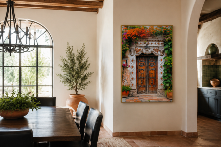 Colorful Mexican door painting framed canvas wall art in a rustic dining room setting.