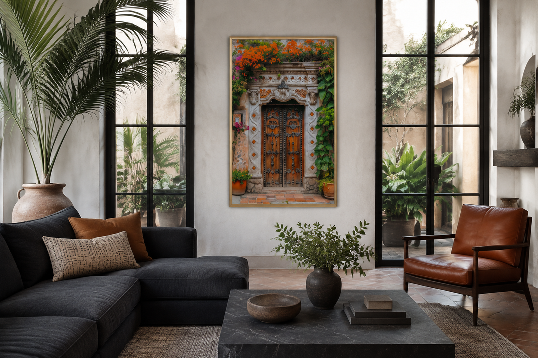 Colorful Mexican door painting framed canvas wall art in a modern living room setting.