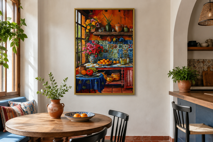 Colorful Mexican kitchen framed canvas wall art featuring vibrant pottery, flowers, and fruit.
