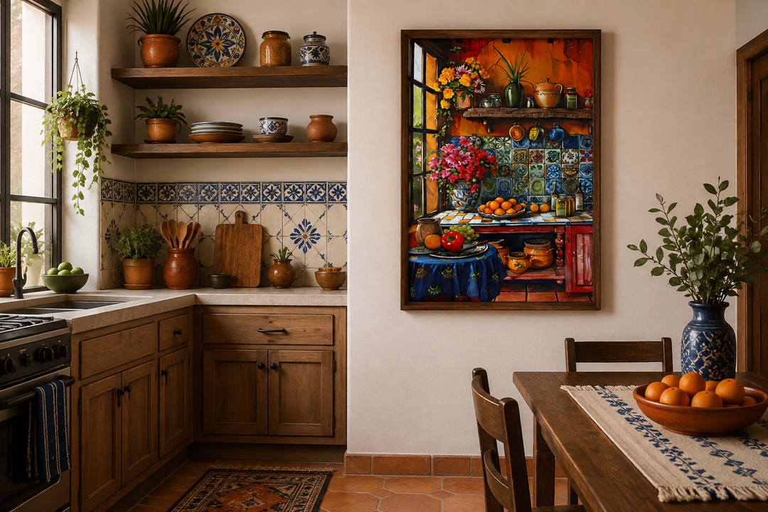Colorful Mexican kitchen framed canvas wall art depicting a vibrant market scene with pottery.
