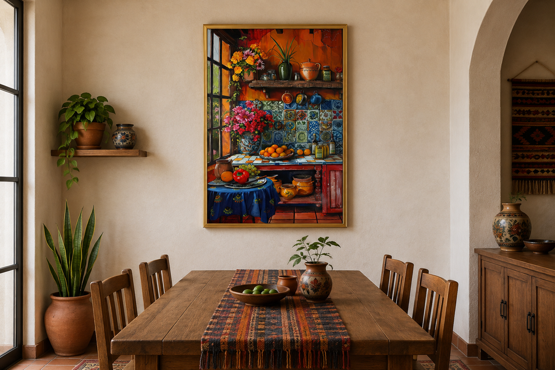 Colorful Mexican kitchen framed canvas wall art hanging above a rustic wooden dining table.