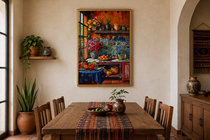 Colorful Mexican kitchen framed canvas wall art hanging above a rustic wooden dining table.