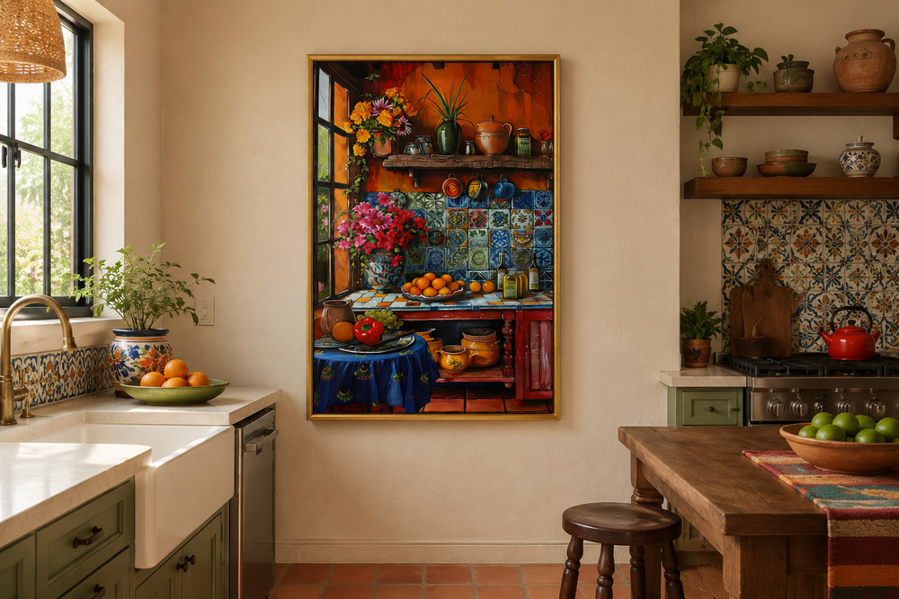 Colorful Mexican Kitchen Framed Canvas Wall Art hanging in a rustic kitchen with terracotta tiles.