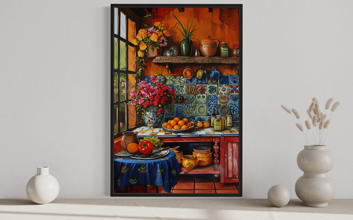 Colorful Mexican Kitchen Framed Canvas Wall Art featuring vibrant pottery, fruit, and flowers.
