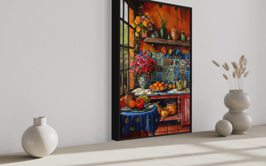 Colorful Mexican Kitchen Framed Canvas Wall Art featuring vibrant pottery, flowers, and fruit.