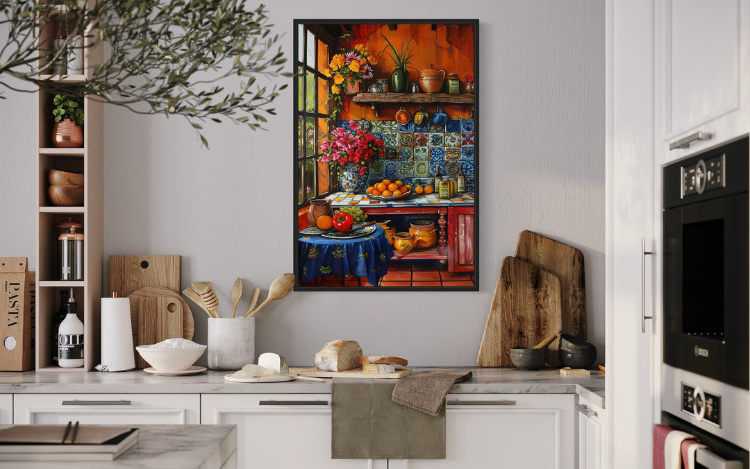 Colorful Mexican Kitchen Framed Canvas Wall Art depicting a vibrant market scene in a kitchen.
