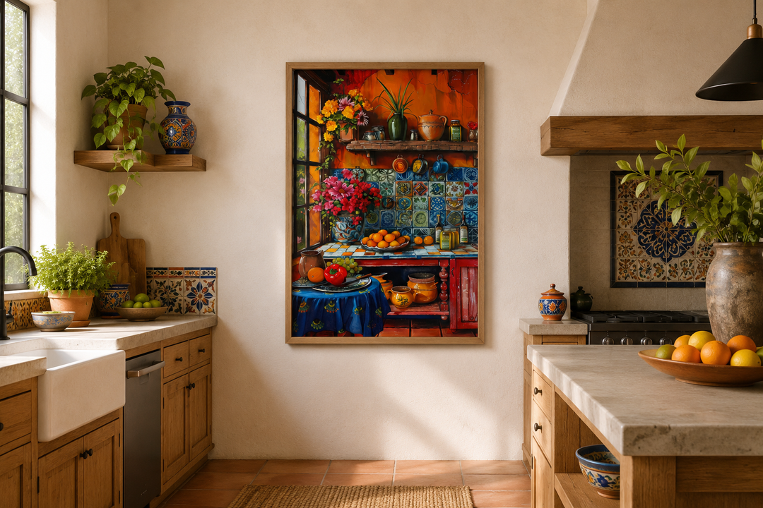 Framed canvas wall art of a vibrant Mexican kitchen scene with pottery and fresh produce.