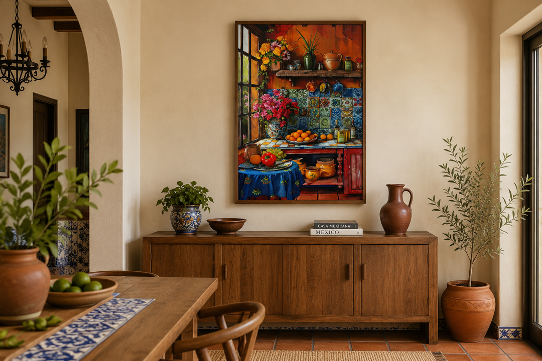 Colorful Mexican kitchen scene framed canvas wall art hanging above a wooden sideboard.