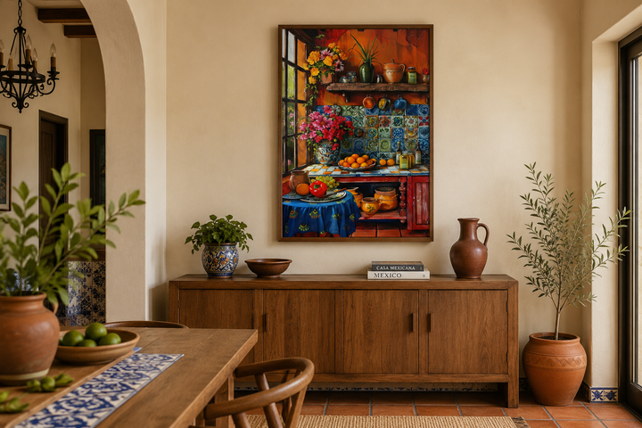 Colorful Mexican kitchen scene framed canvas wall art hanging above a wooden sideboard.