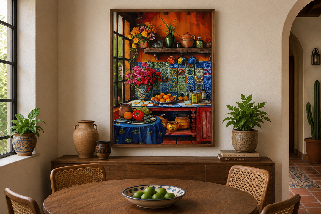 Colorful Mexican kitchen framed canvas wall art depicting a vibrant scene with pottery and produce.