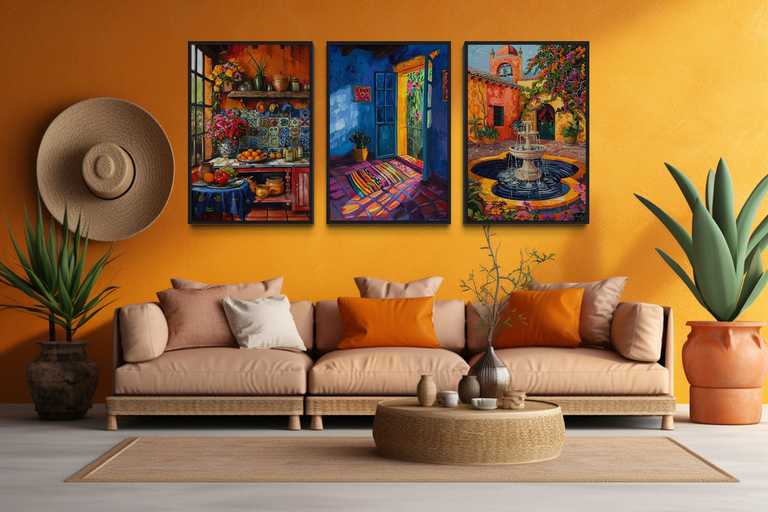 Colorful Mexican Kitchen, House And Courtyard Framed Canvas Wall Art