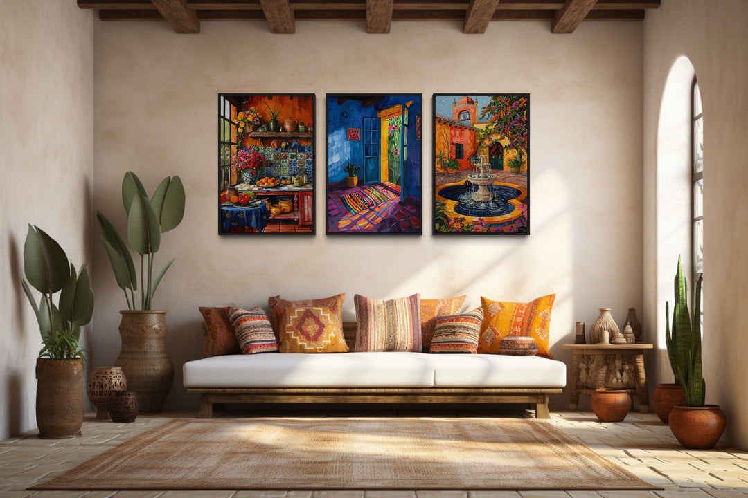 Colorful Mexican Kitchen, House And Courtyard Framed Canvas Wall Art