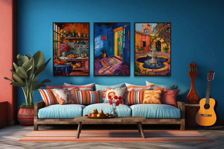 Colorful Mexican Kitchen, House And Courtyard Framed Canvas Wall Art