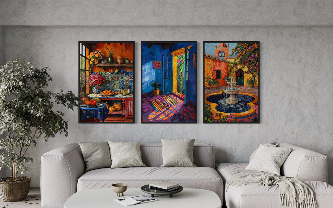 Colorful Mexican Kitchen, House And Courtyard Framed Canvas Wall Art