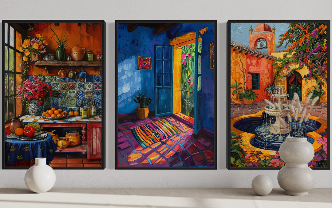 Colorful Mexican Kitchen, House And Courtyard Framed Canvas Wall Art