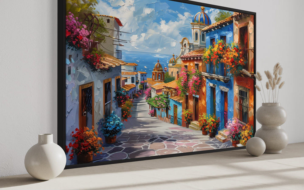 Colorful Mexican Village Street Framed Canvas Wall Art