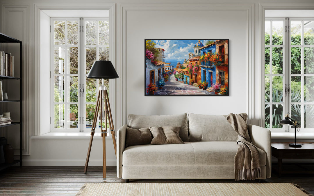 Colorful Mexican Village Street Framed Canvas Wall Art