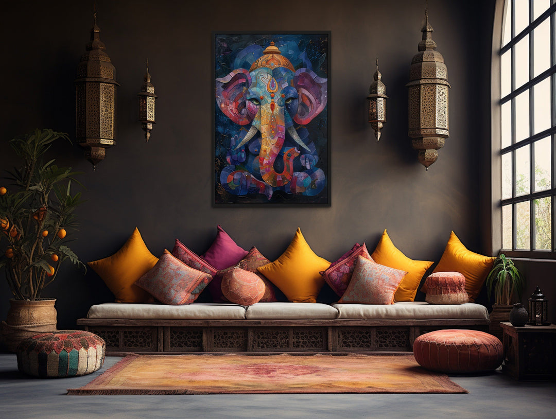 Colorful Modern Lord Ganesha Framed Canvas Wall Art