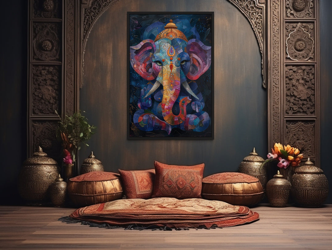 Colorful Modern Lord Ganesha Framed Canvas Wall Art