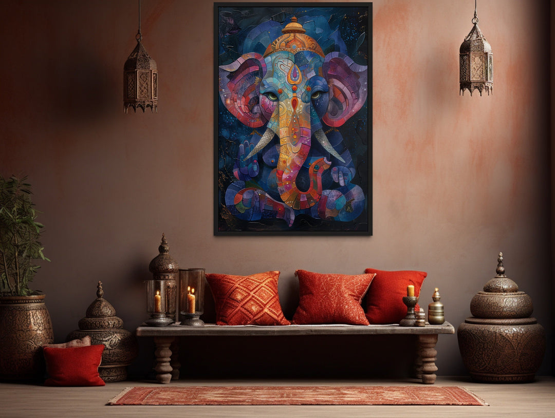 Colorful Modern Lord Ganesha Framed Canvas Wall Art