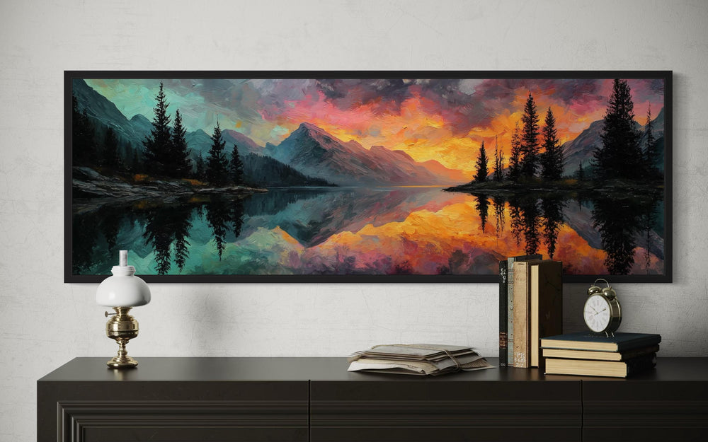 Colorful Mountain Sunset Lake Forest Reflection Long Narrow Wall Art