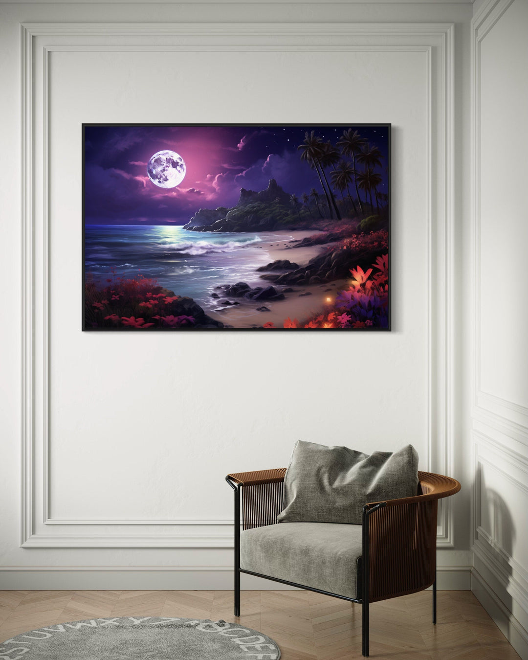 Colorful Ocean Beach At Night With Moon Framed Canvas Wall Art