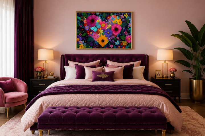 Colorful purple floral heart wall art with butterflies on a pink bedroom wall above a purple bed.